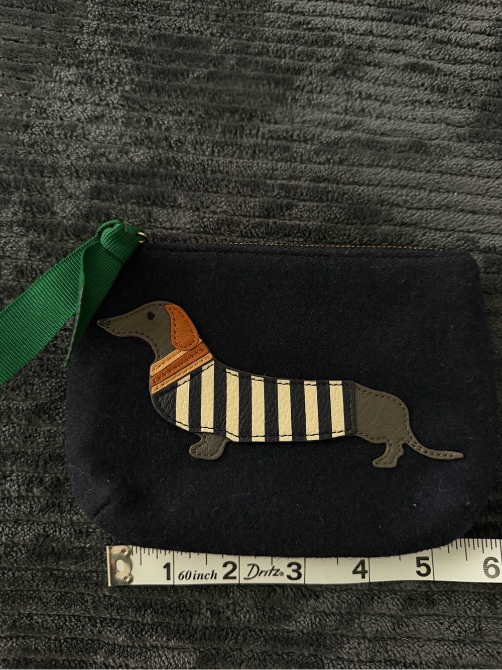 Talbots Black Wristlet Pouch with Dachshund Applique and Green Strap
